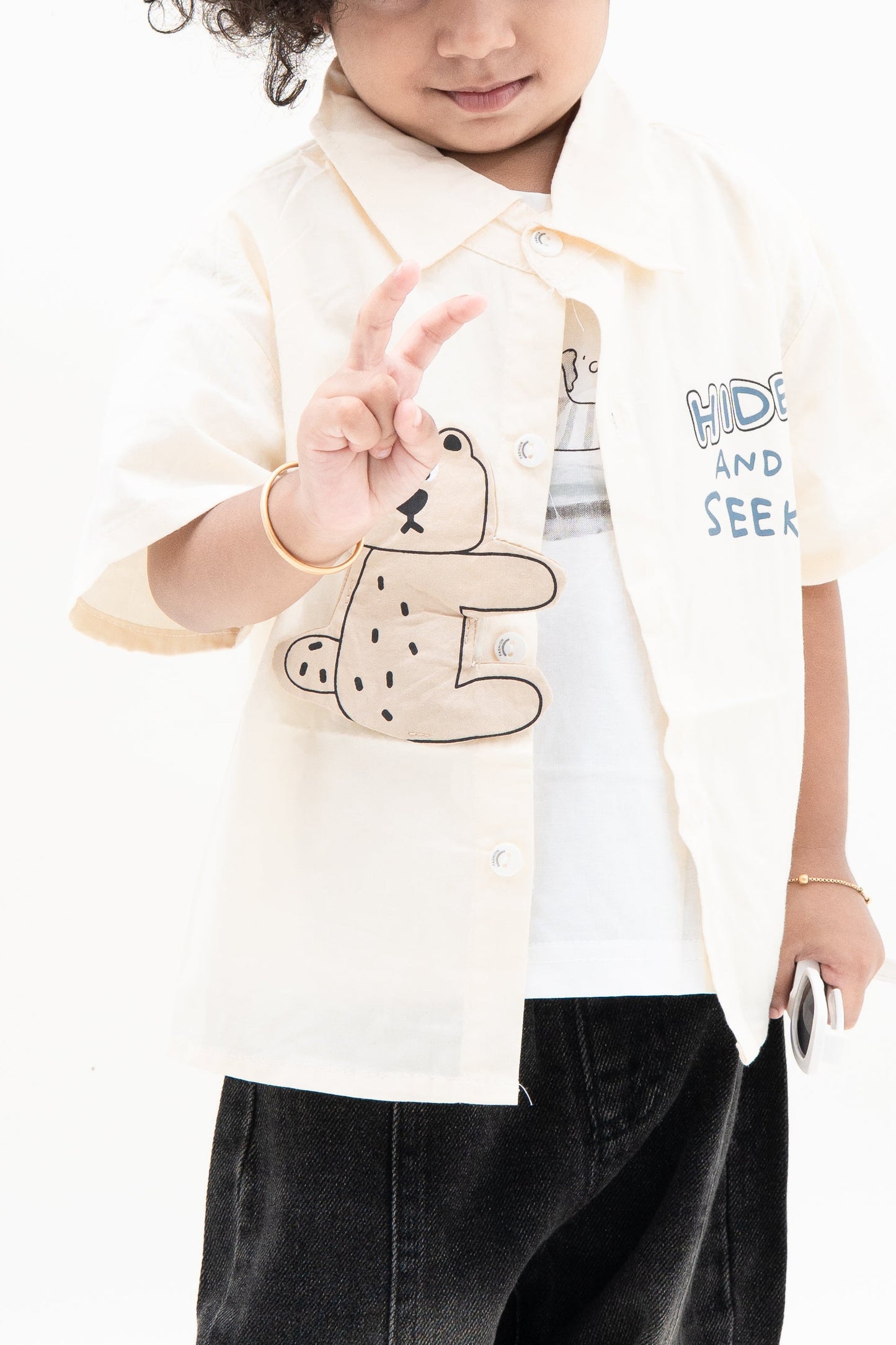 Kids Unisex Bear Print Shirt – Cute ‘Hide and Seek’ Button-Up Top with Cartoon Design