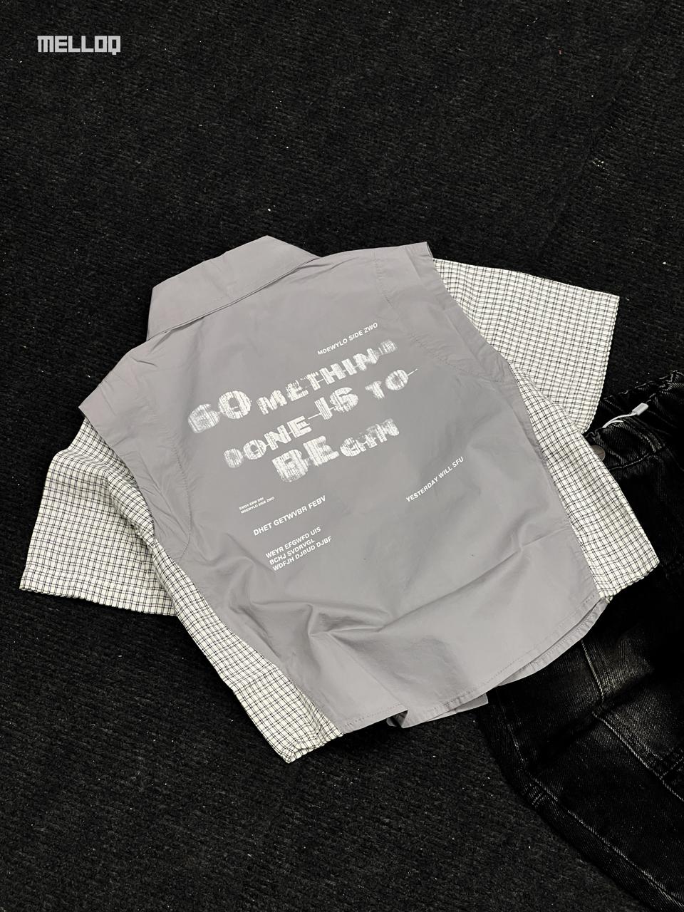 Kids Unisex Patchwork Button-Up Shirt – Grey and Checkered Short Sleeve Casual Streetwear