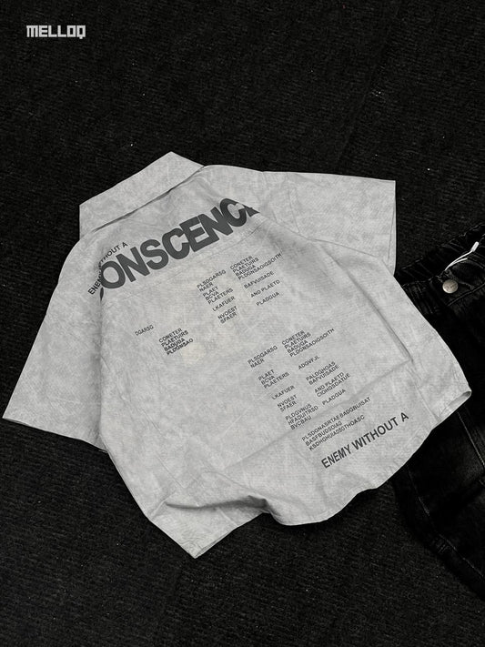 Kids Unisex Graphic Button-Up Shirt – Grey Short Sleeve Casual Streetwear