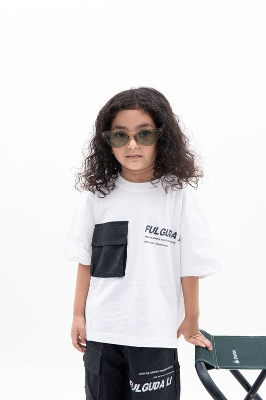 Kids Unisex Streetwear Set – White Graphic T-Shirt & Black Cargo Shorts