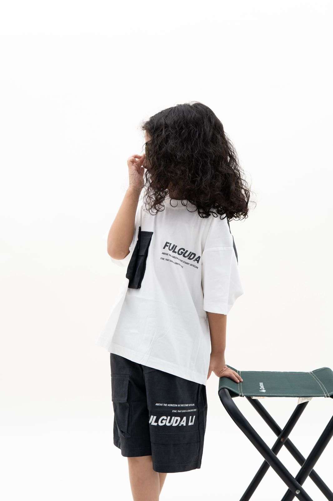 Kids Unisex Streetwear Set – White Graphic T-Shirt & Black Cargo Shorts