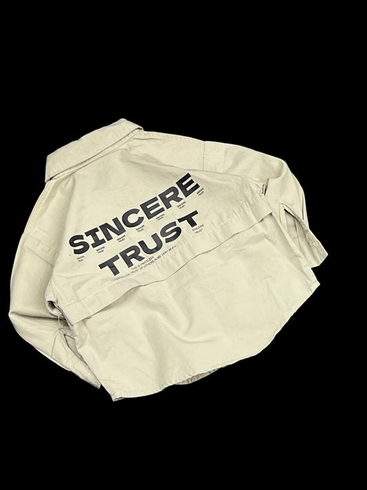 Kids Unisex Cargo Style Oversized Shirt – Beige Long Sleeve Button-Up with Utility Pockets