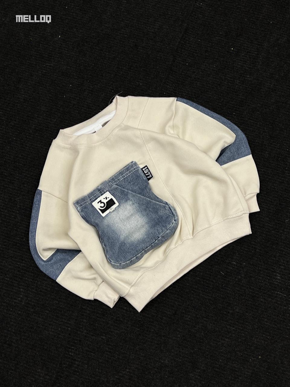 Unisex Beige Sweatshirt with Denim Pocket – Casual Streetwear Pullover by MELLOQ