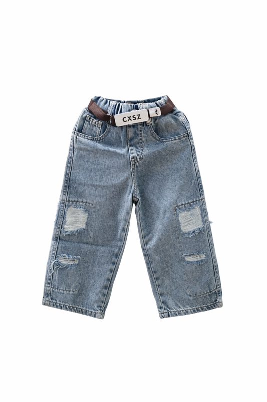 Kids Blue Washed Distressed Wide-Leg Denim Jeans