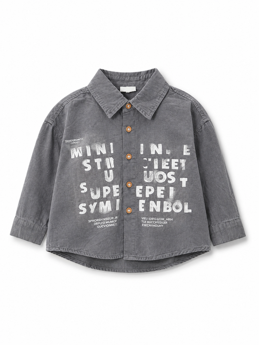 Boys Smoky Grey Typography Print Oversized Full Sleeve Casual Shirt