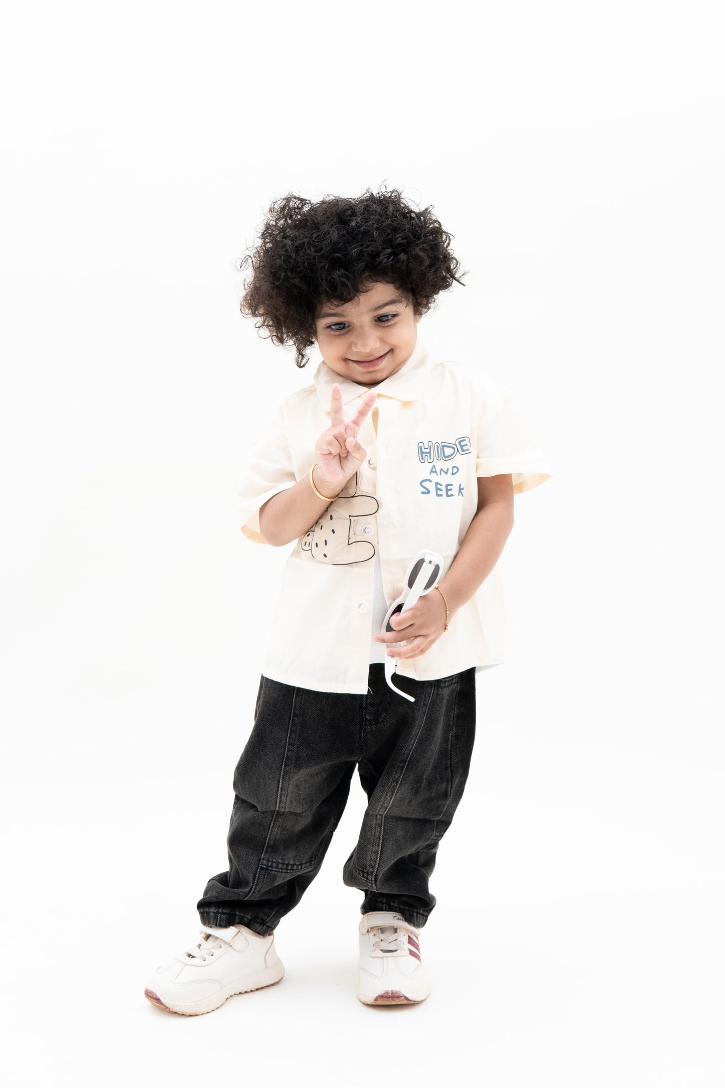 Kids Unisex Bear Print Shirt – Cute ‘Hide and Seek’ Button-Up Top with Cartoon Design