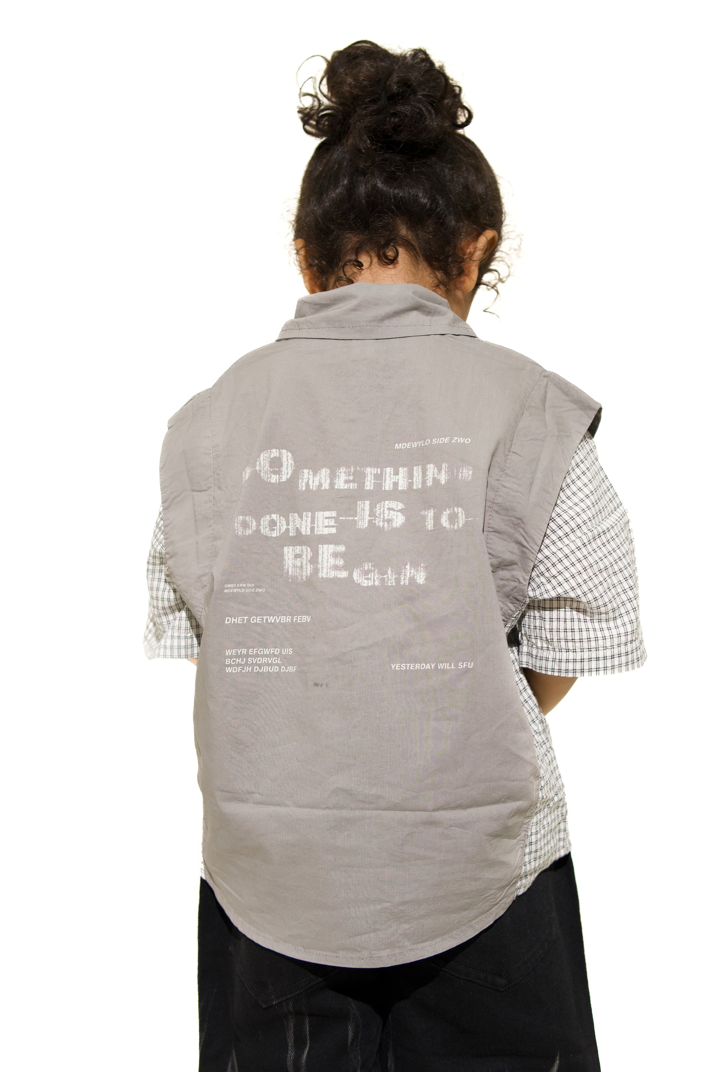 Kids Unisex Patchwork Button-Up Shirt – Grey and Checkered Short Sleeve Casual Streetwear 