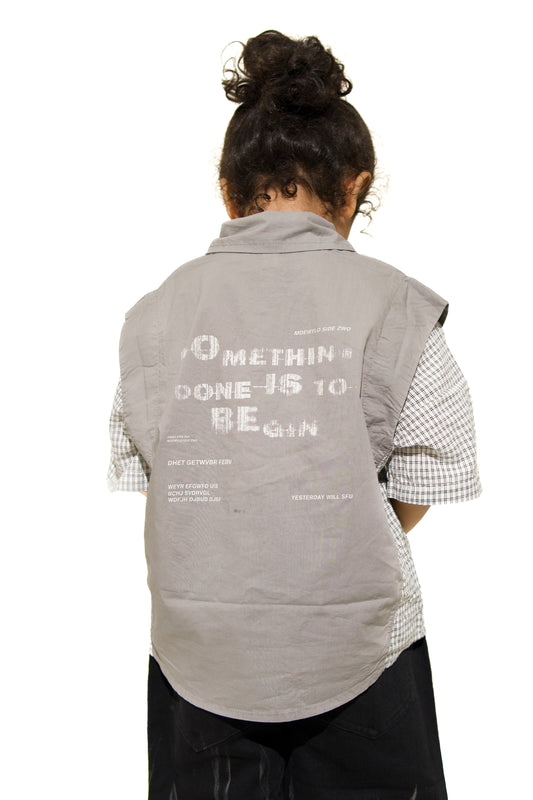 Kids Unisex Patchwork Button-Up Shirt – Grey and Checkered Short Sleeve Casual Streetwear 