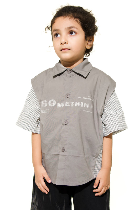 Kids Unisex Patchwork Button-Up Shirt – Grey and Checkered Short Sleeve Casual Streetwear 