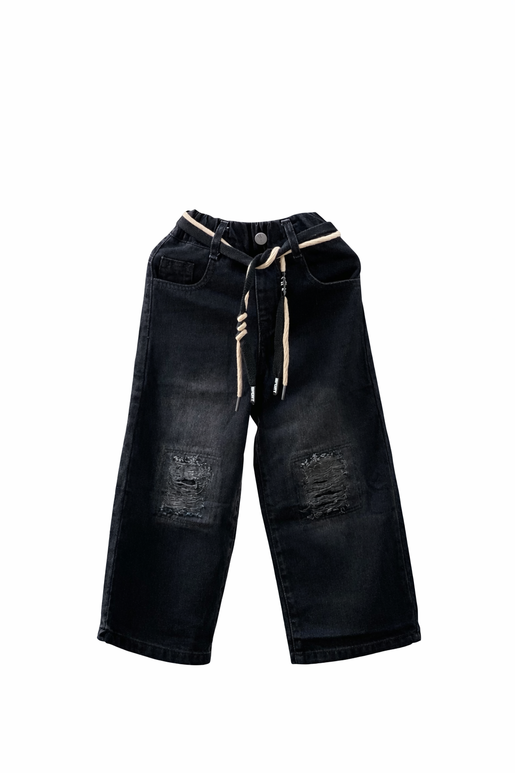 Kids Washed Black Distressed Wide-Leg Denim Jeans