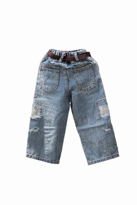 Kids Blue Washed Distressed Wide-Leg Denim Jeans