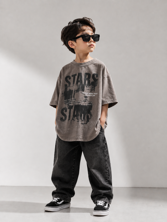 Taupe Grey, Front & Back Statement Print, Oversized Fit