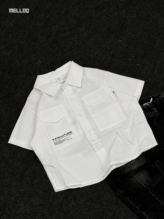 Kids Unisex White Button-Up Shirt – Short Sleeve Casual Streetwear Top