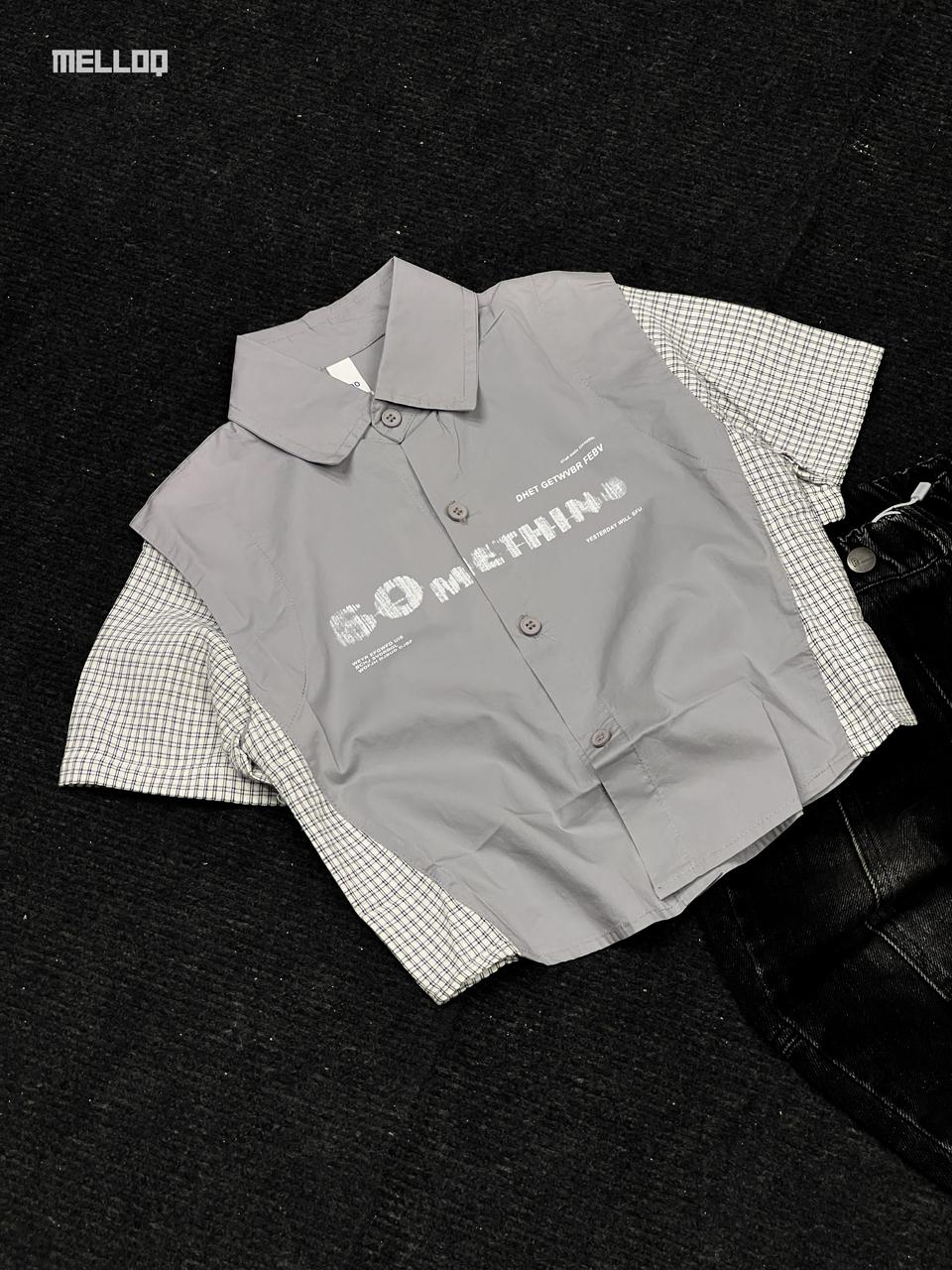 Kids Unisex Patchwork Button-Up Shirt – Grey and Checkered Short Sleeve Casual Streetwear 