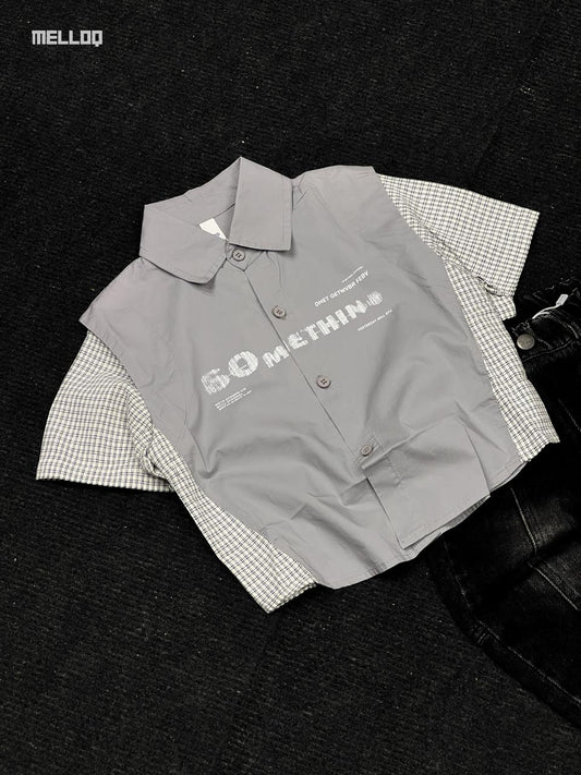 Kids Unisex Patchwork Button-Up Shirt – Grey and Checkered Short Sleeve Casual Streetwear 