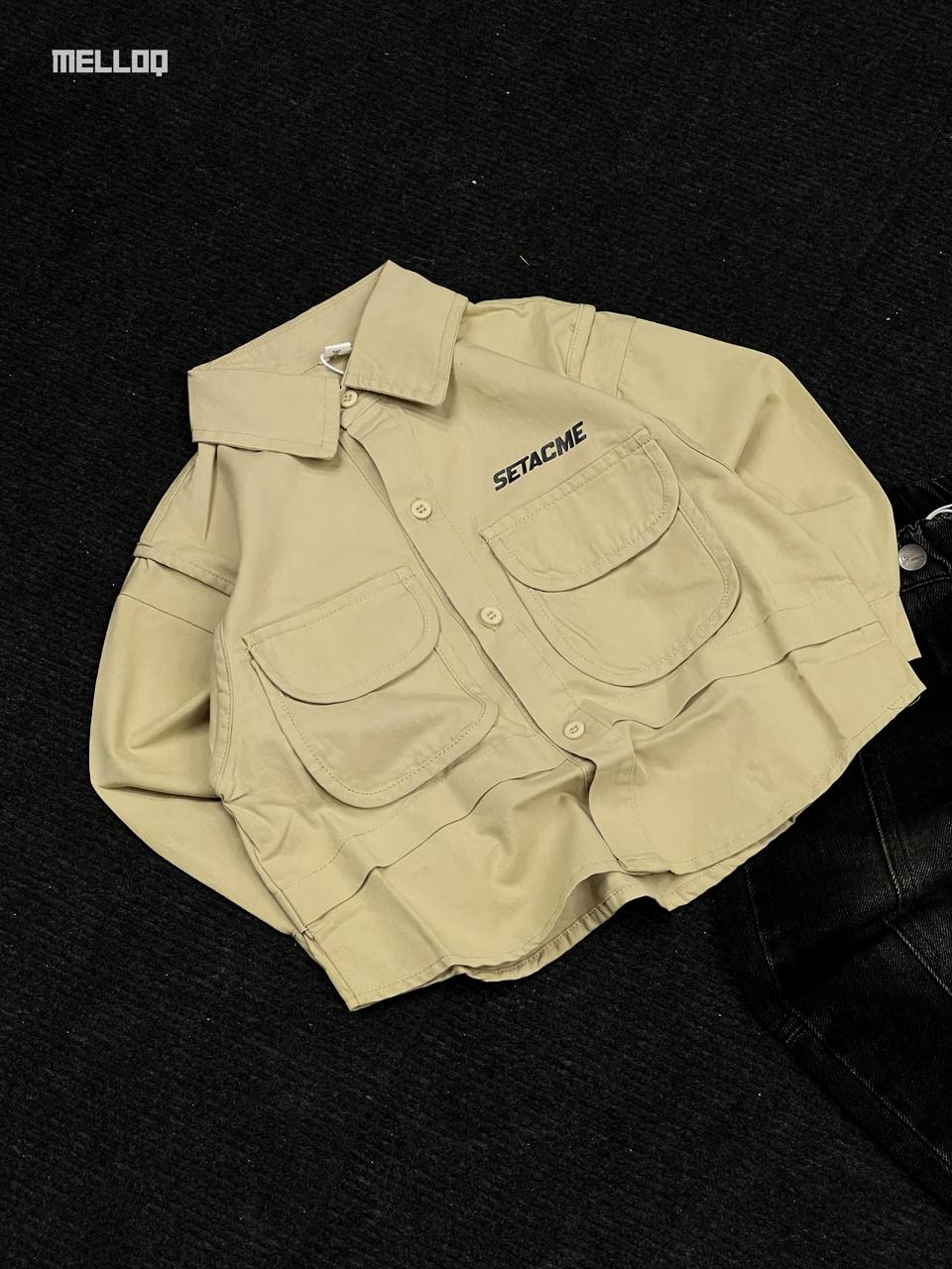 Kids Unisex Beige Utility Pocket Shirt – Long Sleeve Button-Up Casual Outfit