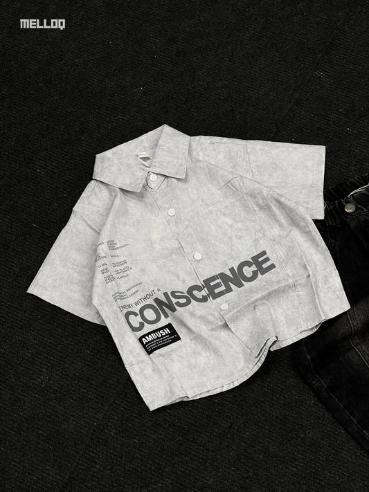 Kids Unisex Graphic Button-Up Shirt – Grey Short Sleeve Casual Streetwear 