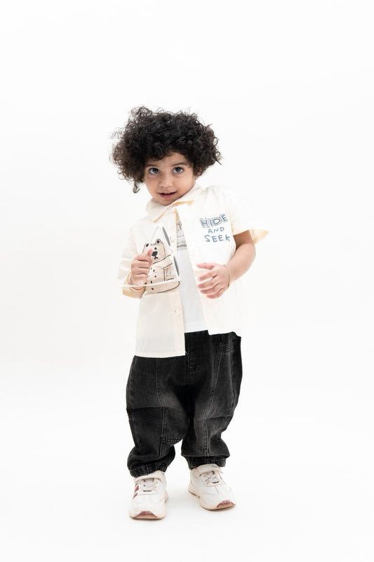 Kids Unisex Bear Print Shirt – Cute ‘Hide and Seek’ Button-Up Top with Cartoon Design by MELLOQ”