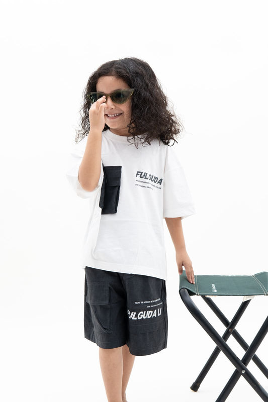 Kids Unisex Streetwear Set – White Graphic T-Shirt & Black Cargo Shorts