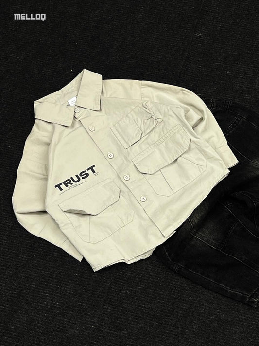 Kids Unisex Cargo Style Shirt – Beige Long Sleeve Button-Up with Utility Pockets